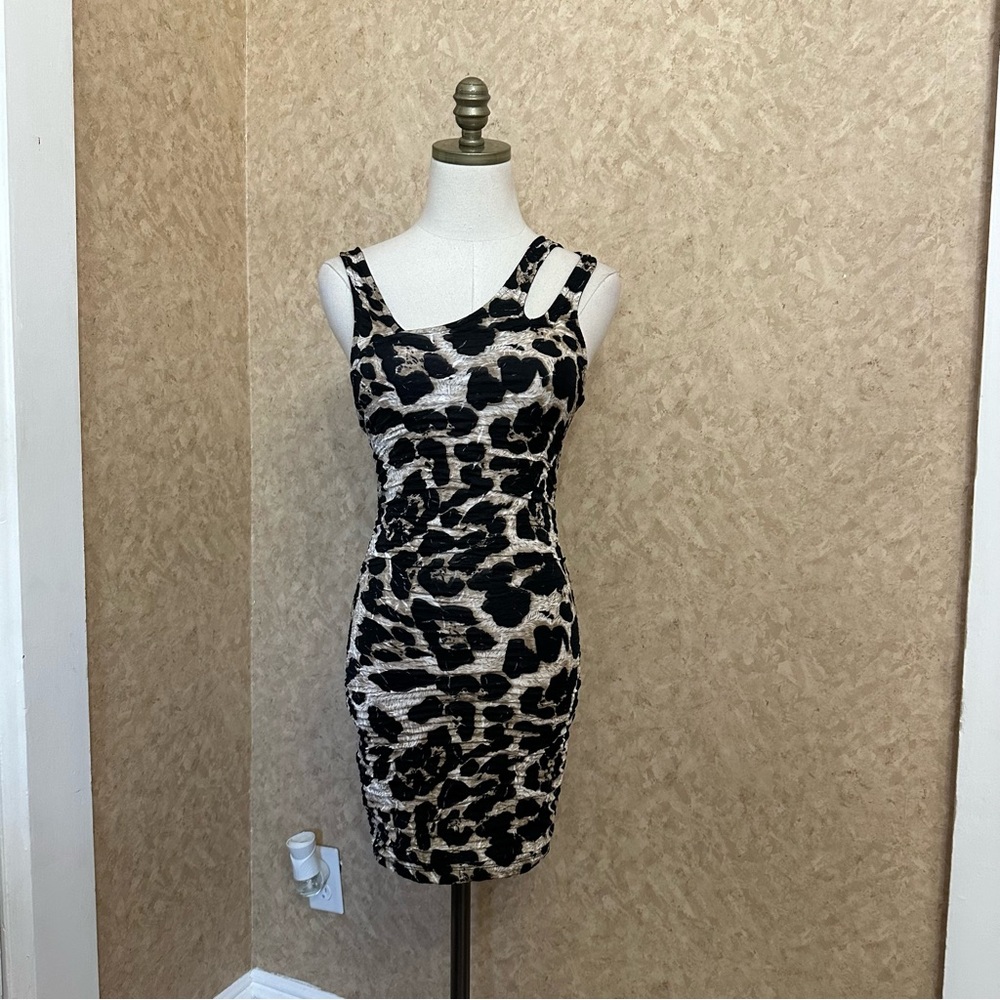 VTG Y2K 2000s Leopard Animal Print Strappy Asymmetrical Bodycon Mini Dress